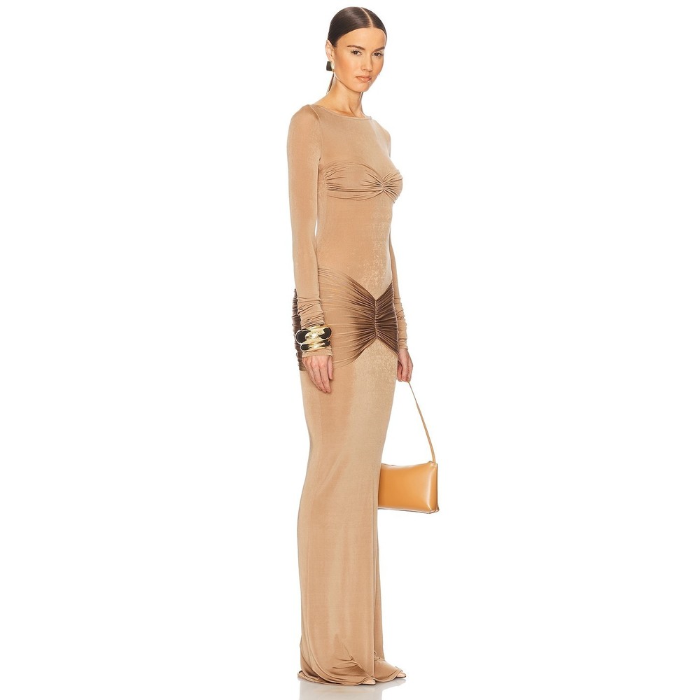 Helsa Josephine Dress in Truffle brown long sleeve bodycon ruched maxi jersey - Picture 3 of 9